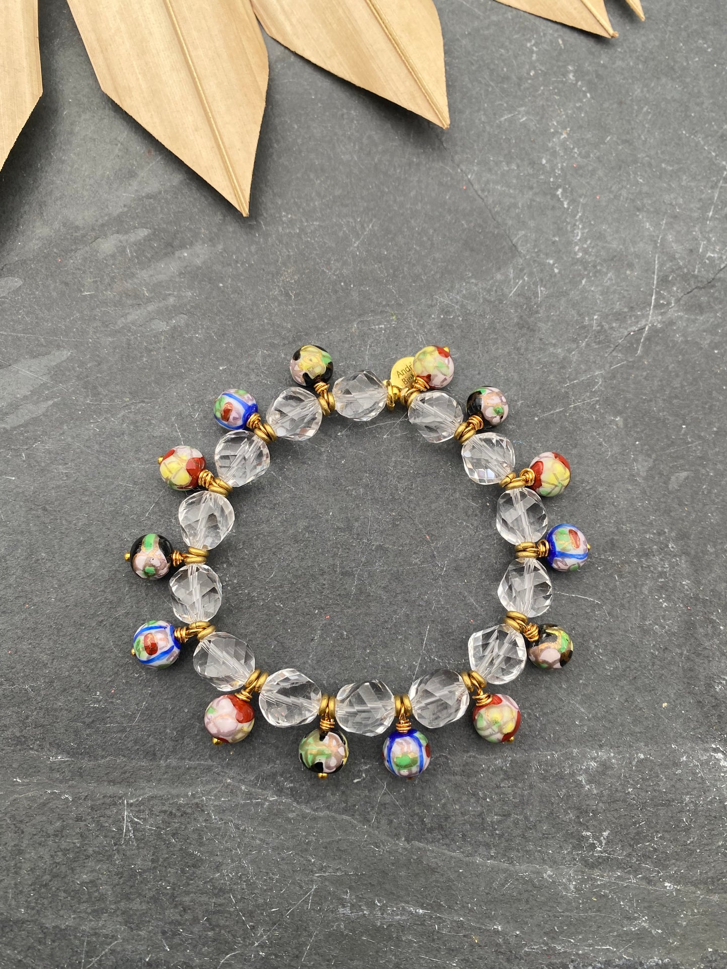 Clear quartz faceted stone, Cloisonné beads, elastic cording, bracelet, jewelry