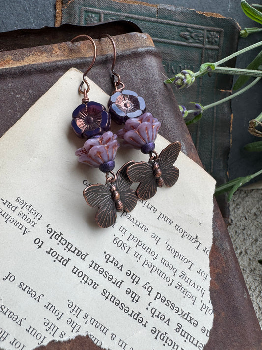 Butterfly copper detailed charms,Czech glass, copper earrings