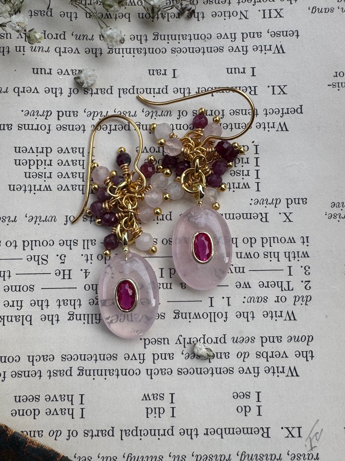 Ruby, rose quartz, gold metal, drop earrings