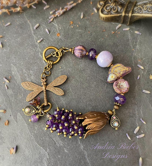 Amethyst, purple ceramic, bronze metal, dragonfly bracelet, jewelry