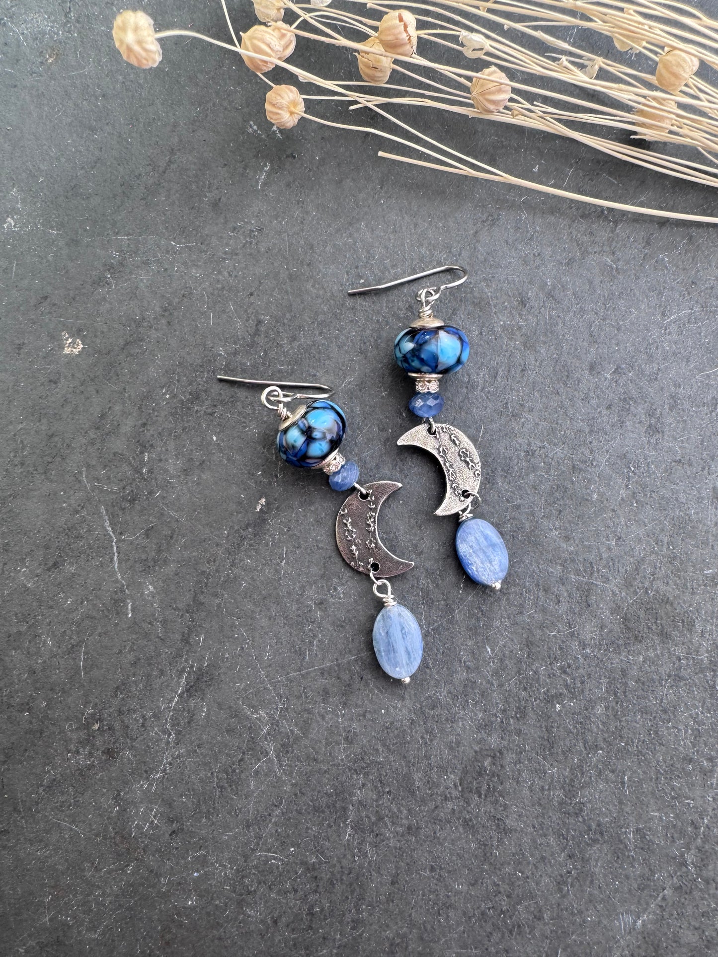 Handmade lampwork glass, kyanite, pewter silver moon and flower charm, earrings