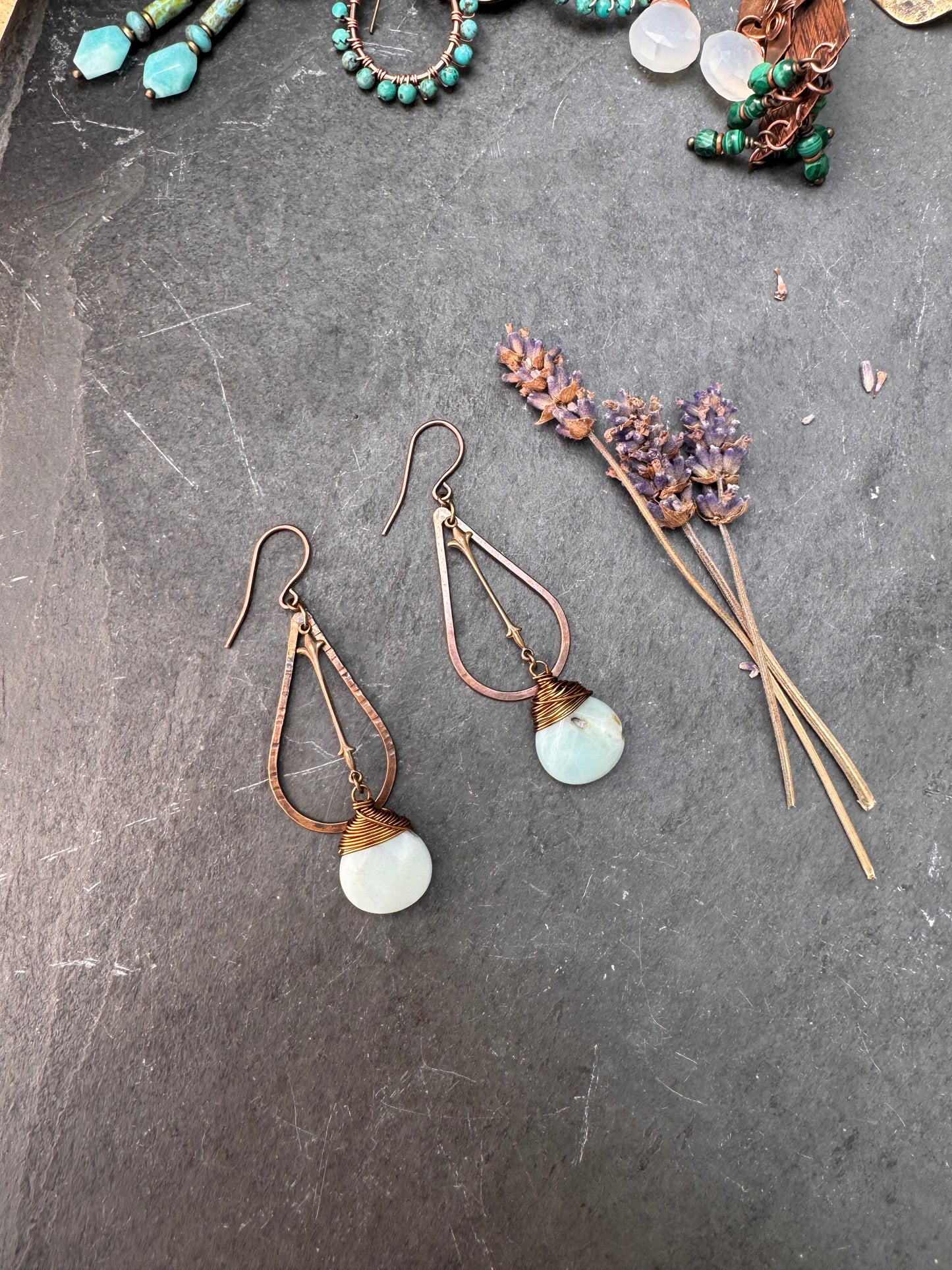 Amazonite stone, bronze metal, earrings