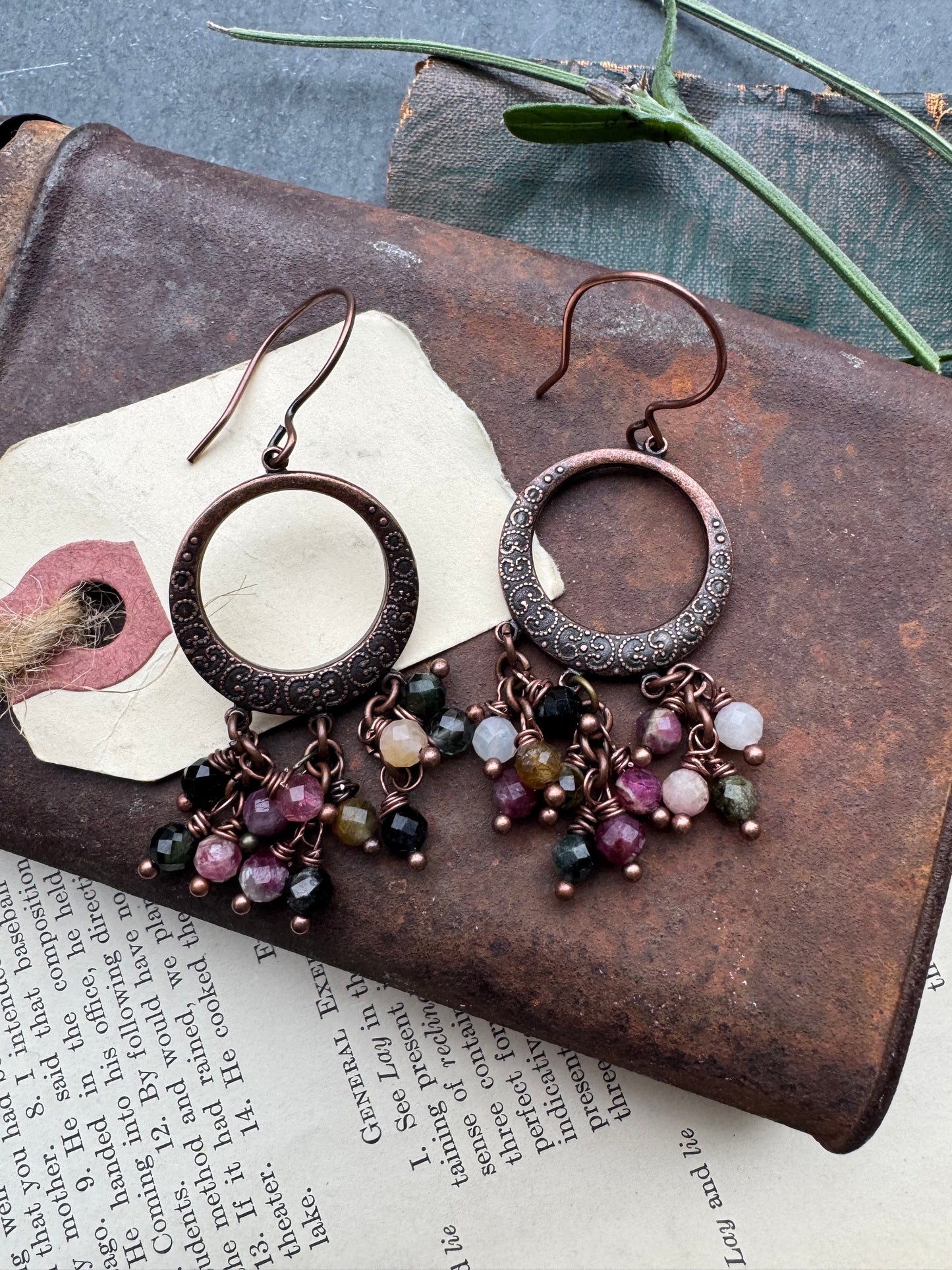copper detailed charms, watermelon tourmaline stone, copper earrings