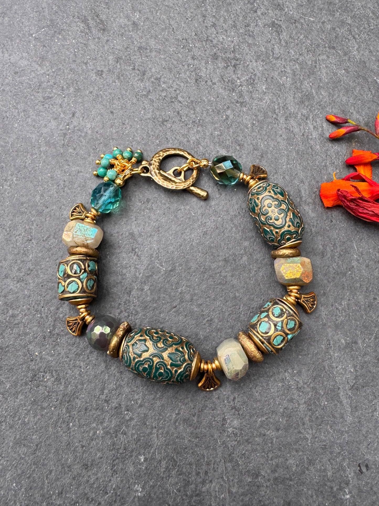 Nepal turquoise beads, AB chalcedony, Czech glass, huebei turquoise, gold metal, bracelet
