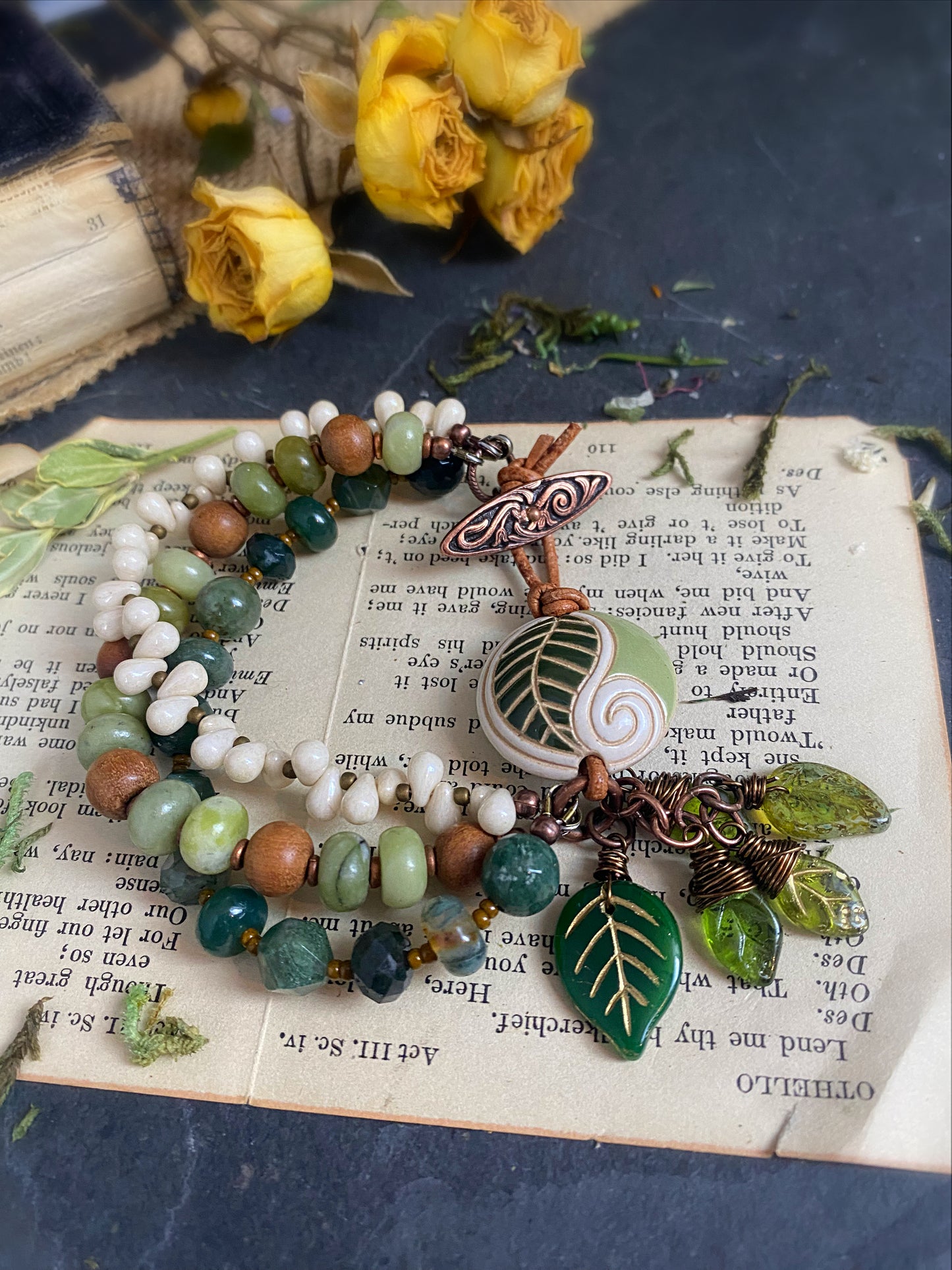 Ceramic leaf bead, mixed green stones, sandalwood, cream Czech glass drops, copper metal, multi strand, bracelet