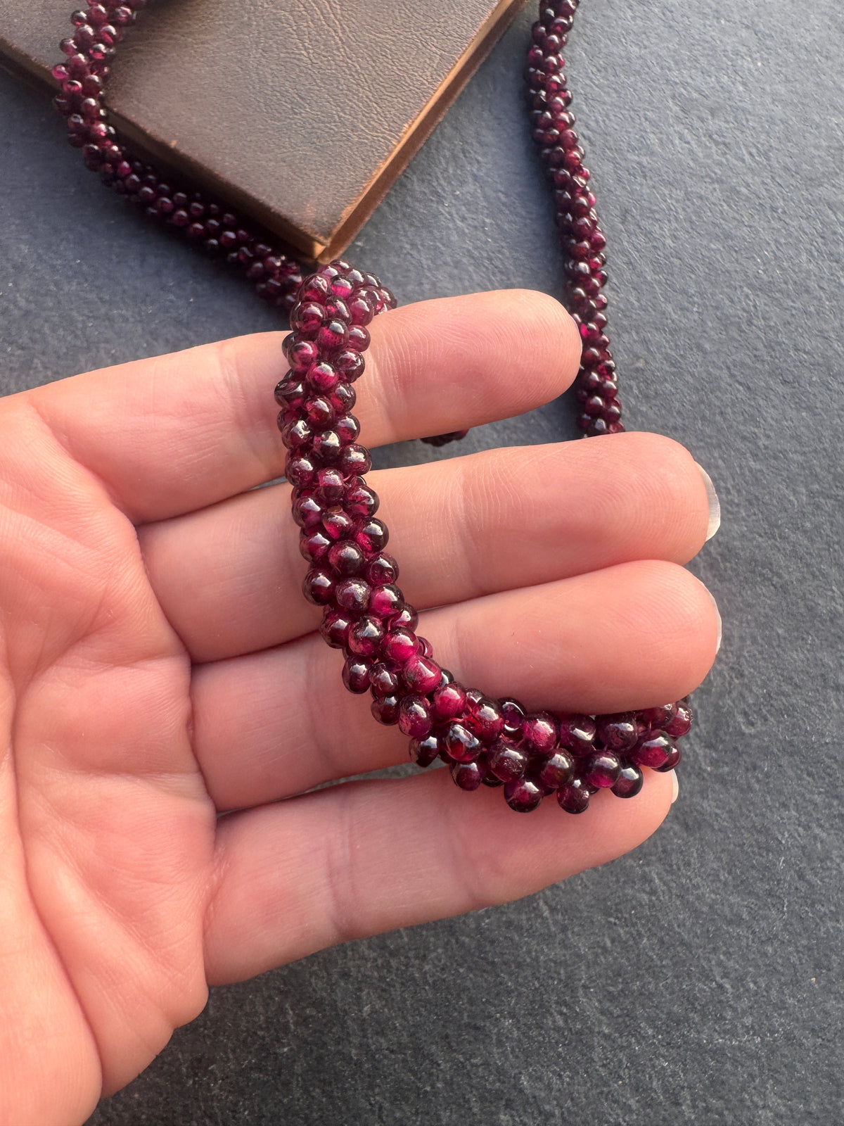 Garnet beaded rope chain, antique brass metal, necklace ￼