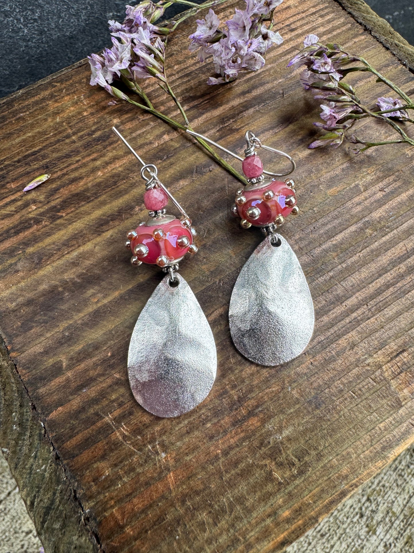 Handmade lampwork glass, silver charm, earrings