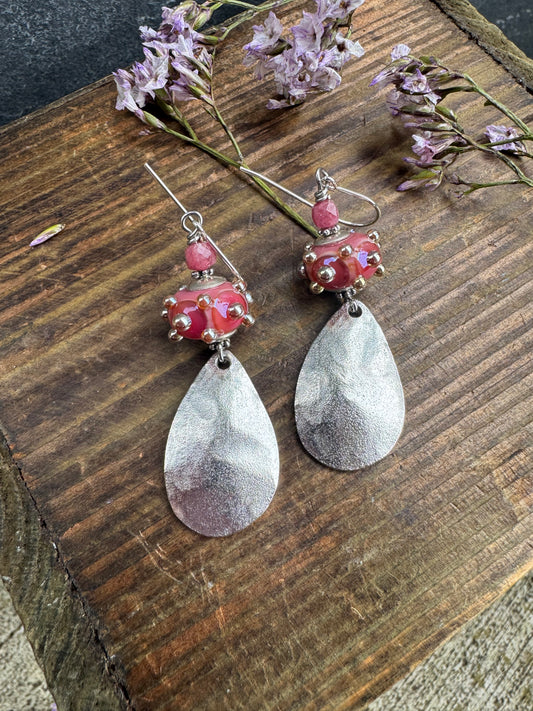 Handmade lampwork glass, silver charm, earrings