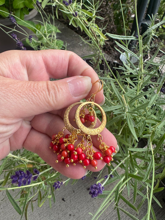 Red coral, dangle, chandelier, brass metal, earrings