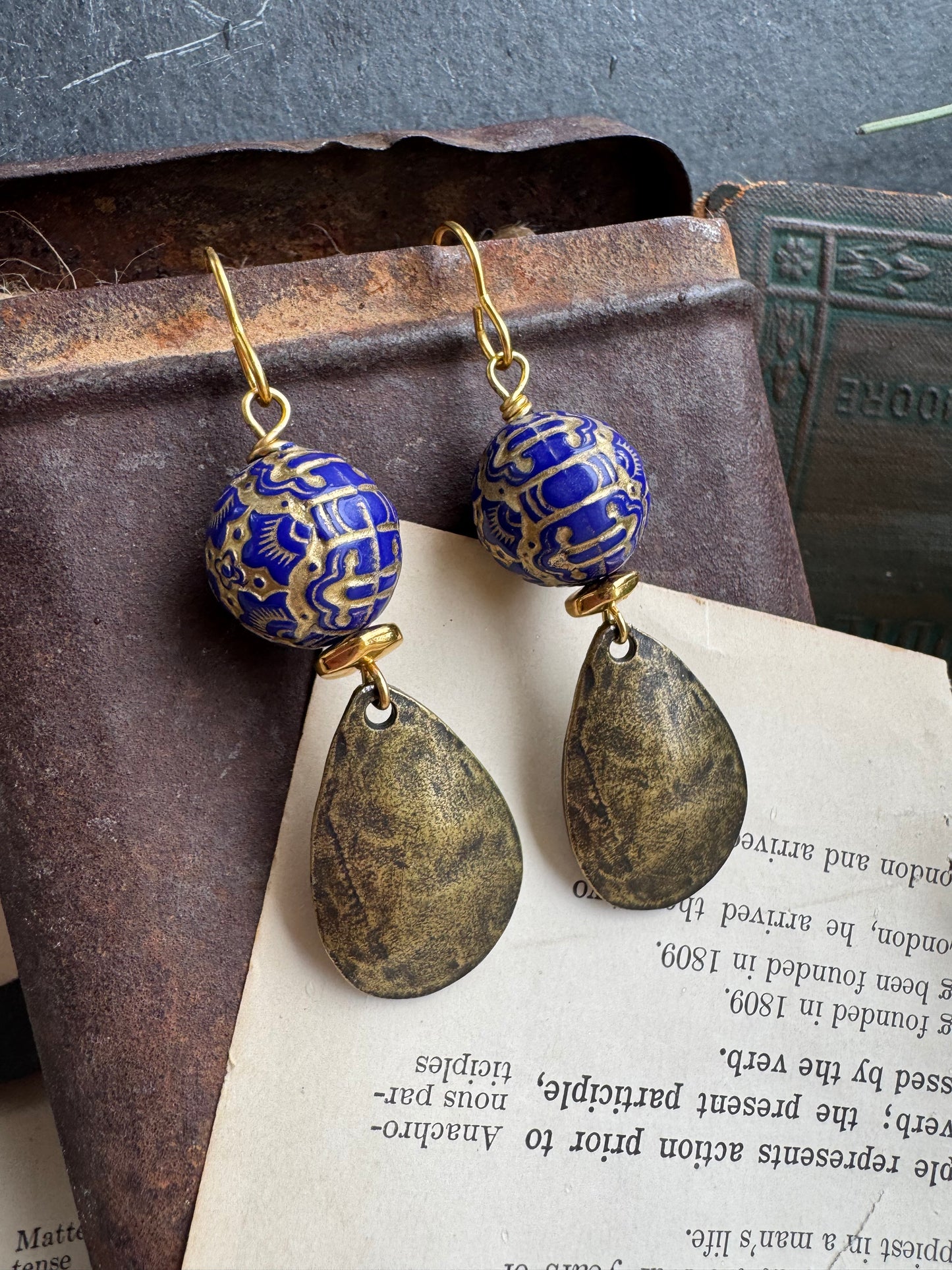 Blue bead, Brass charm, earrings