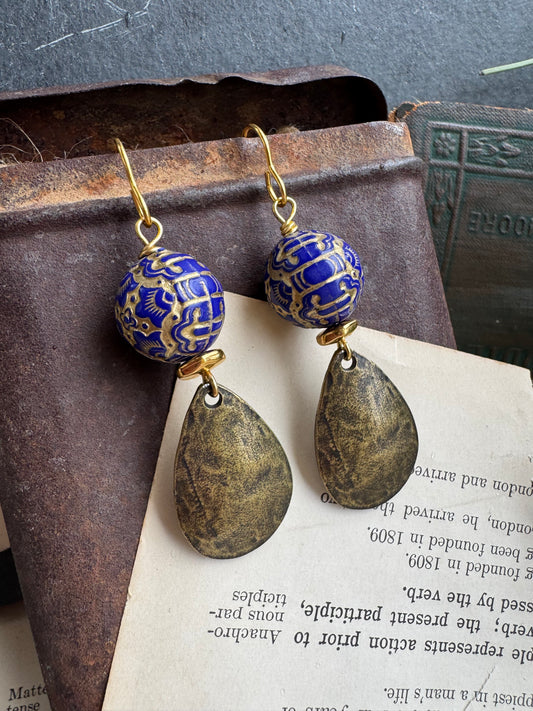 Blue bead, Brass charm, earrings