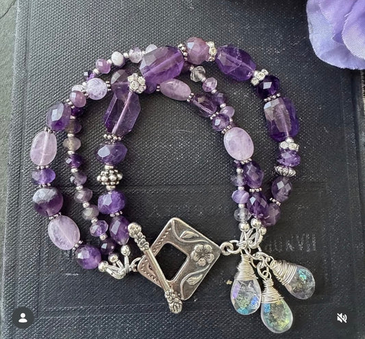 Amethyst stone, rhinestones, multi strand, silver metal, bracelet