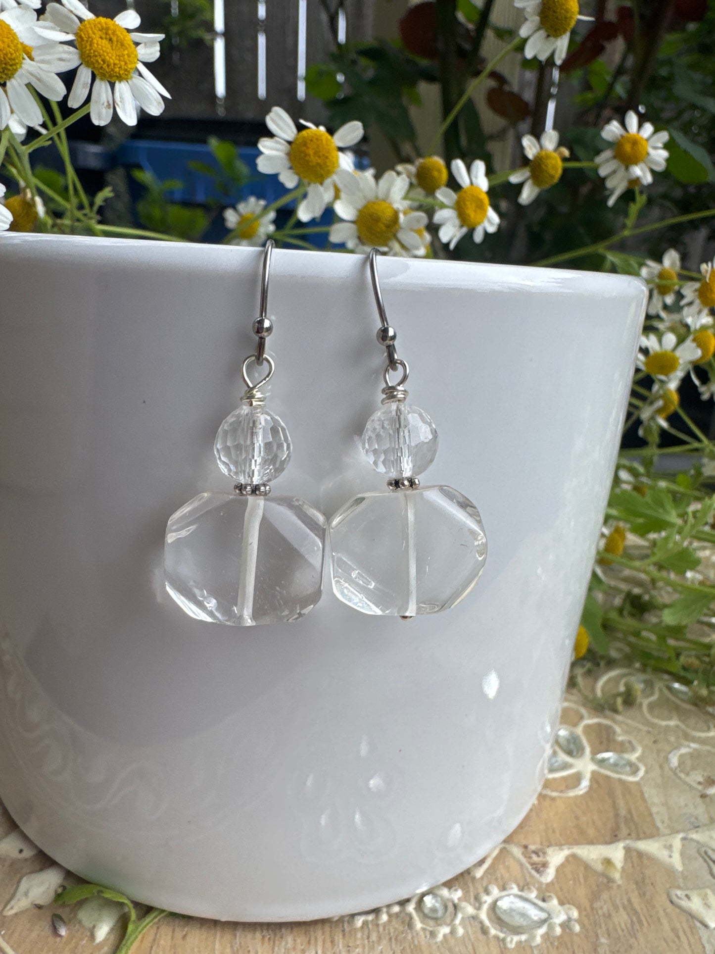 Clear quartz stone, silver metal, earrings