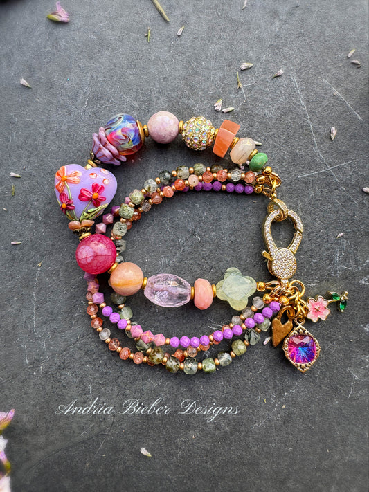 Flower garden. Mixed gemstone, lampwork glass, rhinestone clasp.