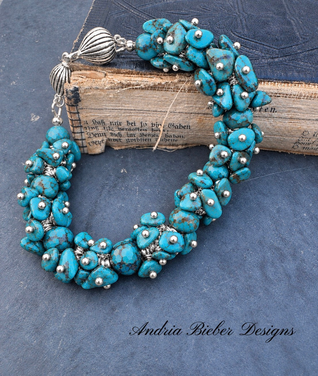Turquoise chip stone, wire wrapped, silver metal, bracelet