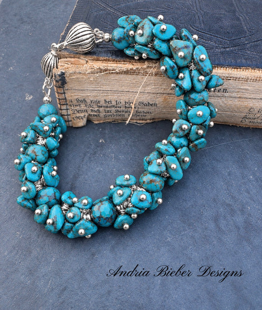Turquoise chip stone, wire wrapped, silver metal, bracelet