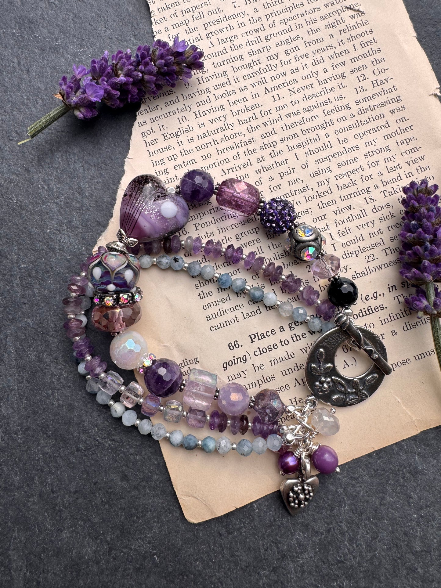 Cosmic layers. Aquamarine, Handmade lampwork glass, rhinestones, moonstone, amethyst, silver metal, flower clasp, bracelet