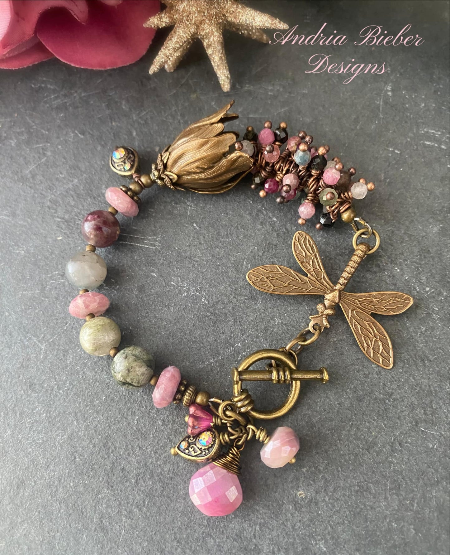 Watermelon tourmaline gemstone, dragonfly, charm bracelet, KIT