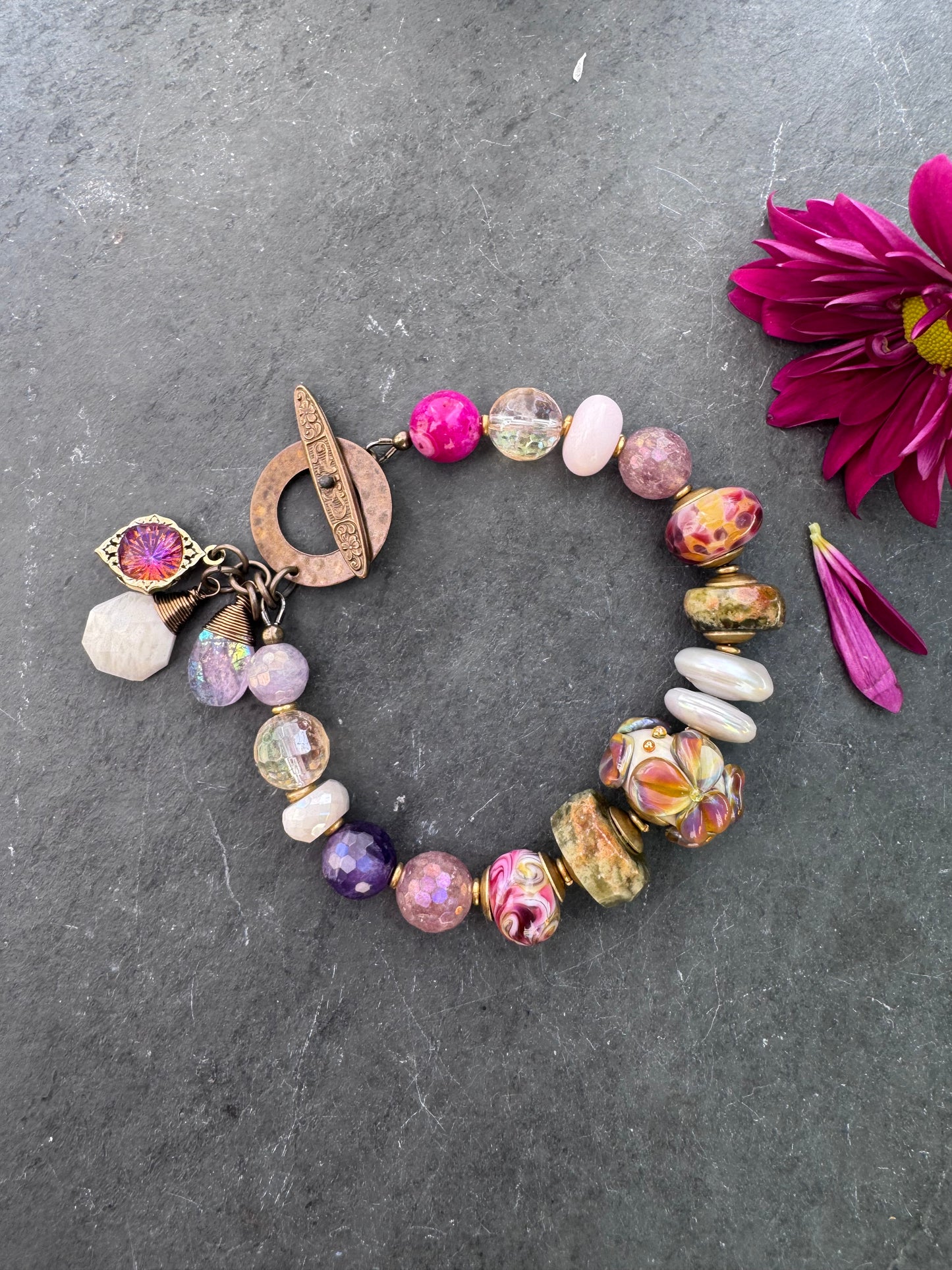 Sunset. lampwork glass, green garnet, amethyst, citrine, strawberry quartz, moonstone, pink opal, pearls, bracelet.