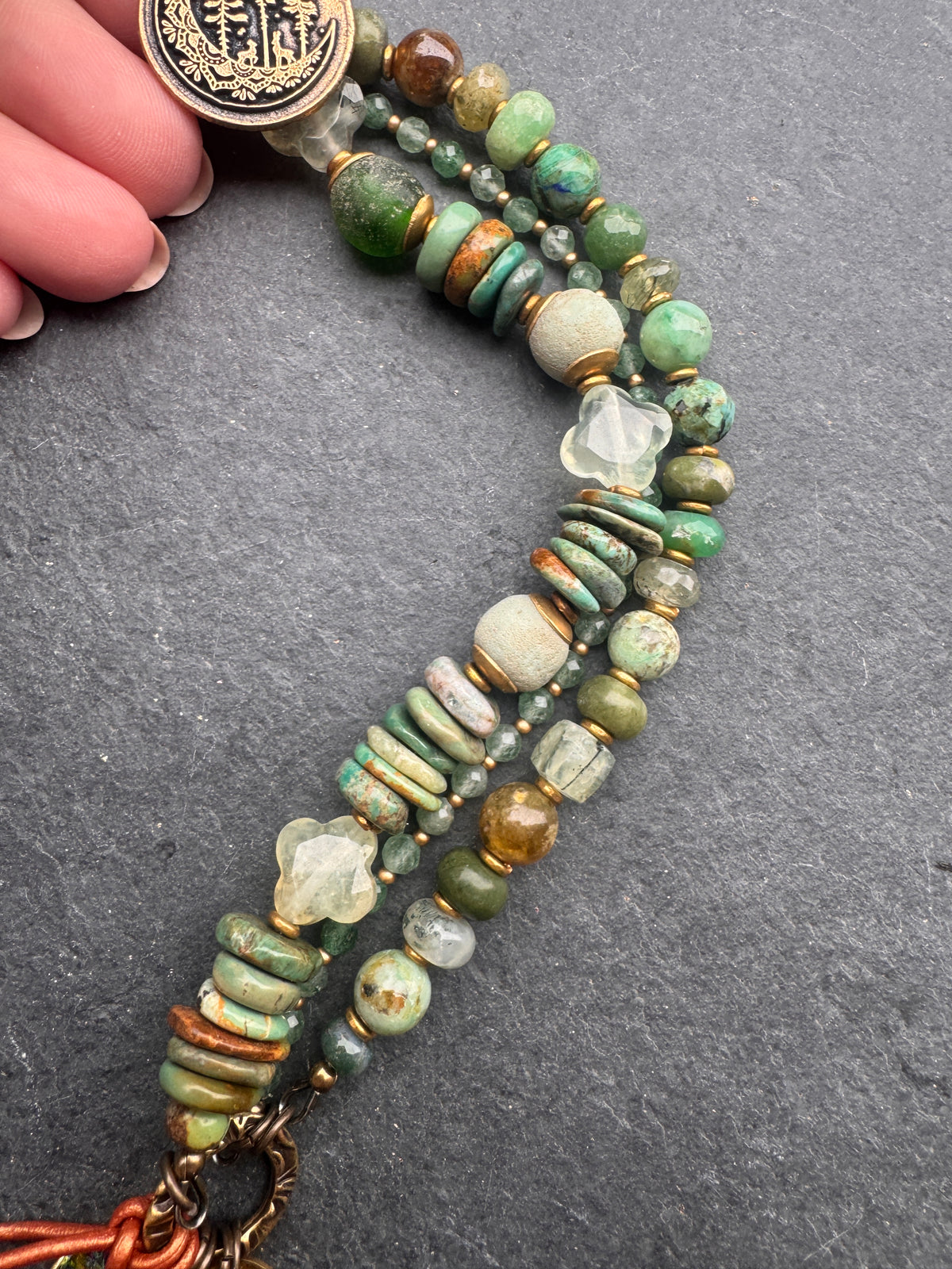 Trees. Prehnite, hubei turquoise, green garnet, green kyanite, handmade tree bronze metal button, bracelet.