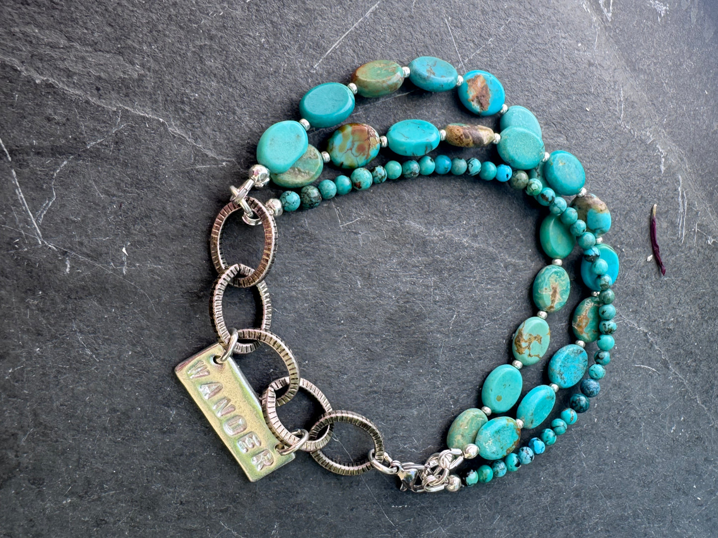 Wander. Turquoise stone, silver metal chain, charm, bracelet