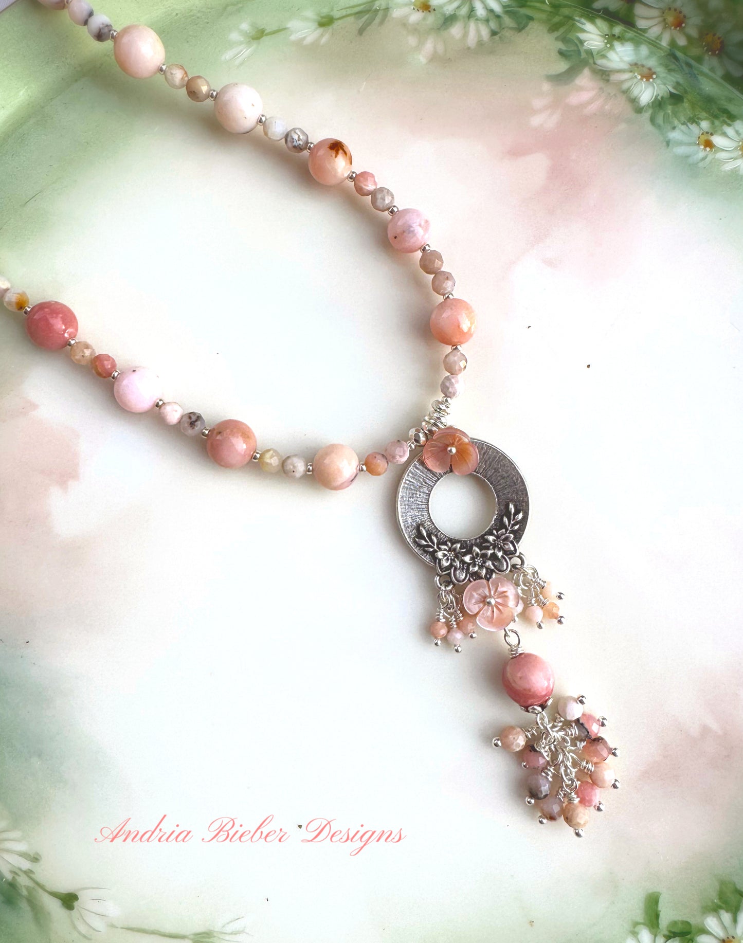 Pink opal, pink shell blossoms, silver metal blossom pendant, necklace.