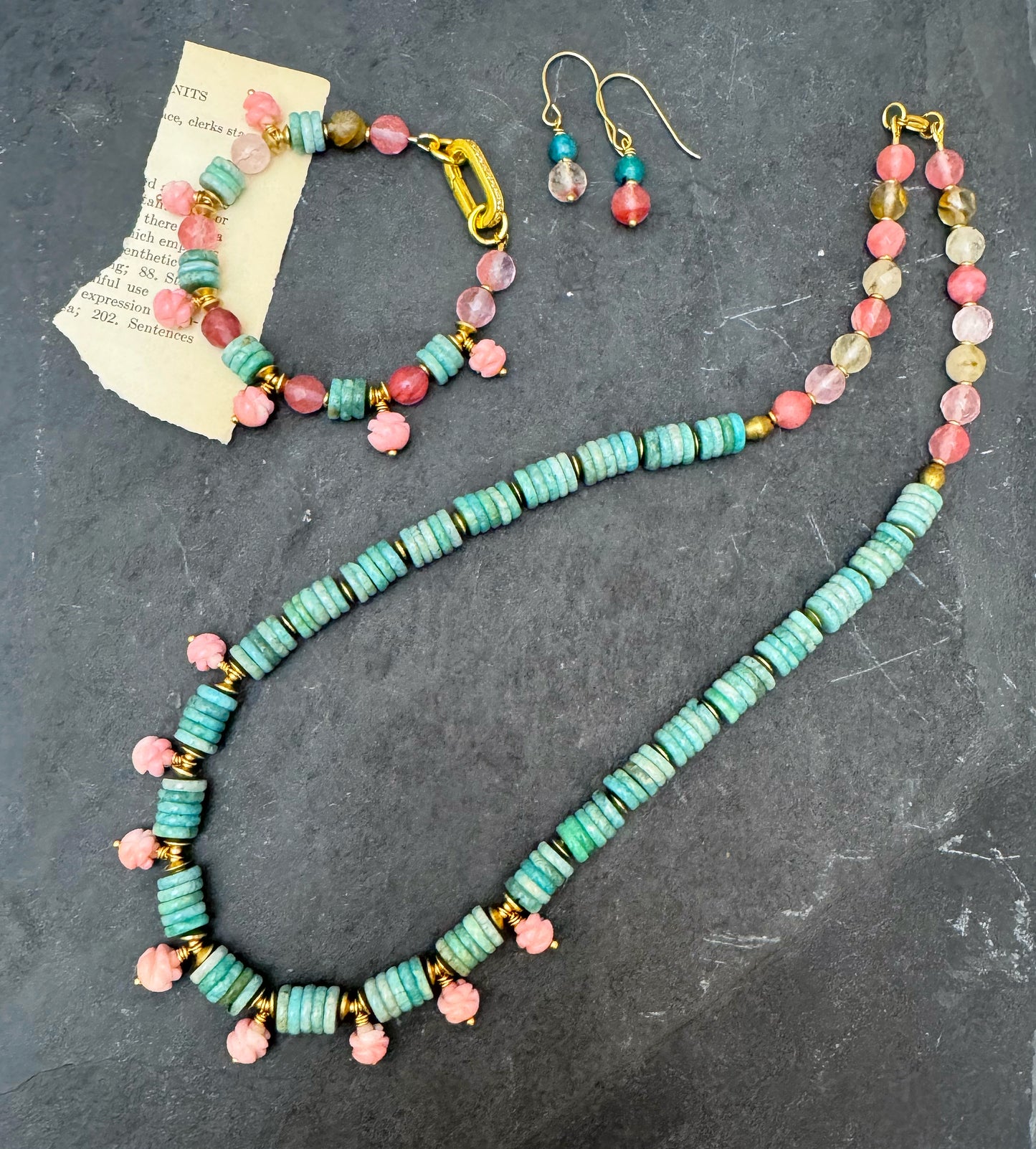 Natural Sea Blue Peruvian Amazonite stone, pink opal carved flowers, agate, brass metal, Necklace (vintage beads)