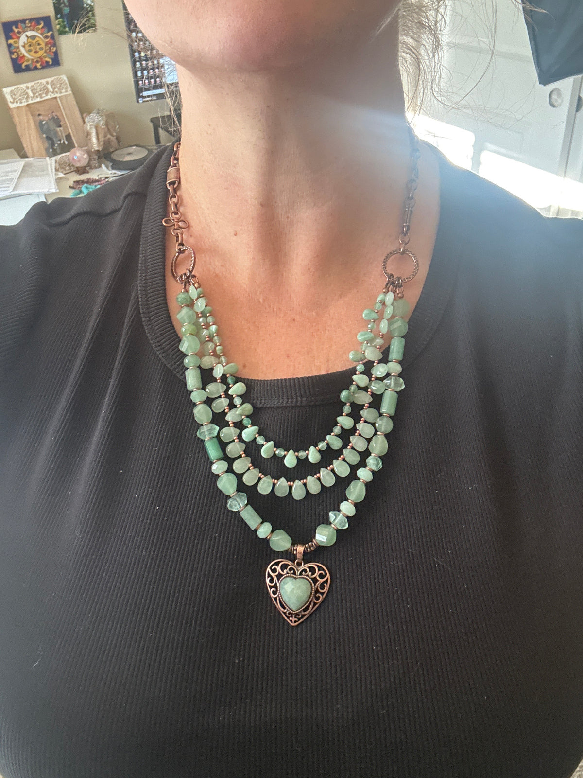 Green aventurine stone, green fluorite stone, and copper metal, necklace
