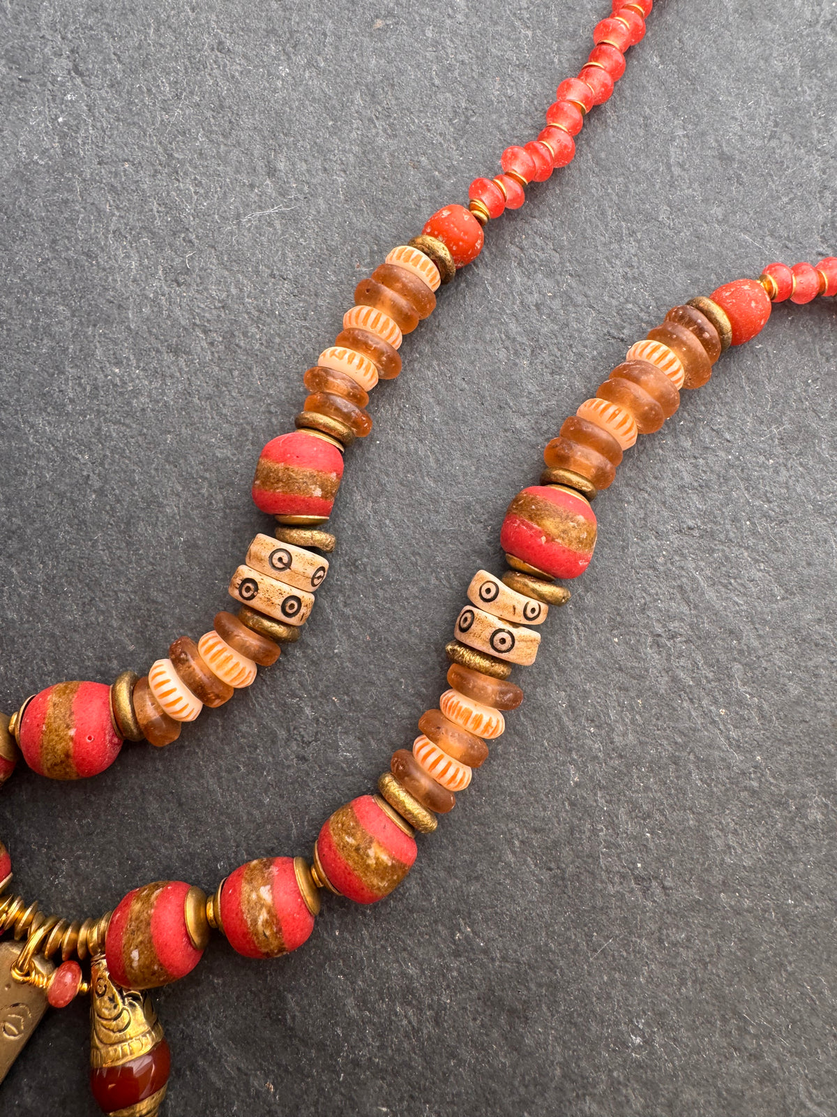 African Glass, wood, brass metal, necklace