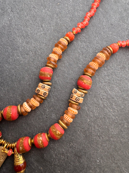 African Glass, wood, brass metal, necklace