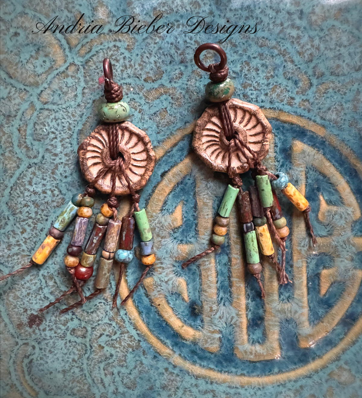 Ceramic  charms, Czech glass, copper metal, earrings
