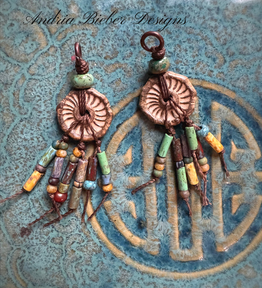 Ceramic  charms, Czech glass, copper metal, earrings