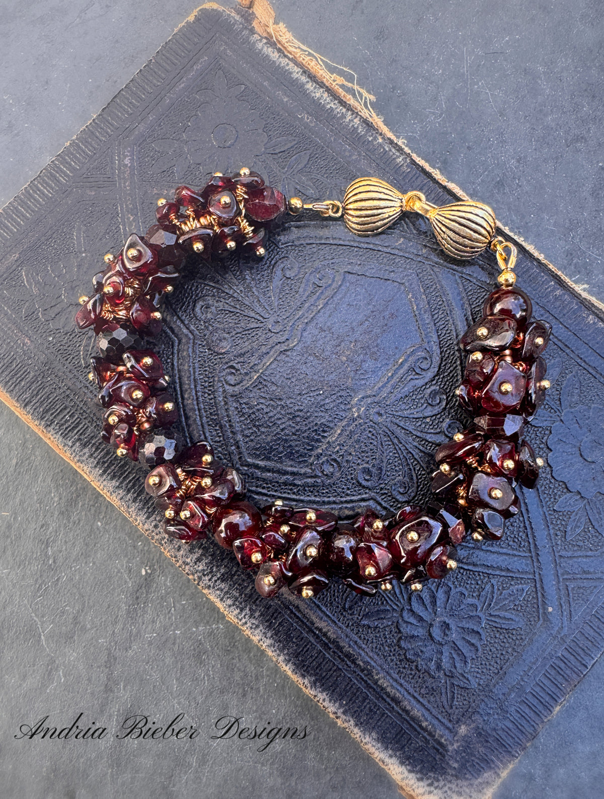 Garnet wire wrapped chip stone, vermeil gold, bracelet