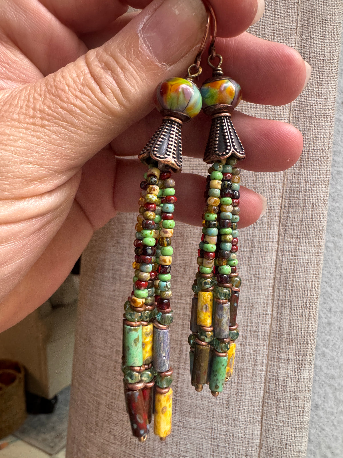 Lampwork glass, Czech glass, copper metal, earrings