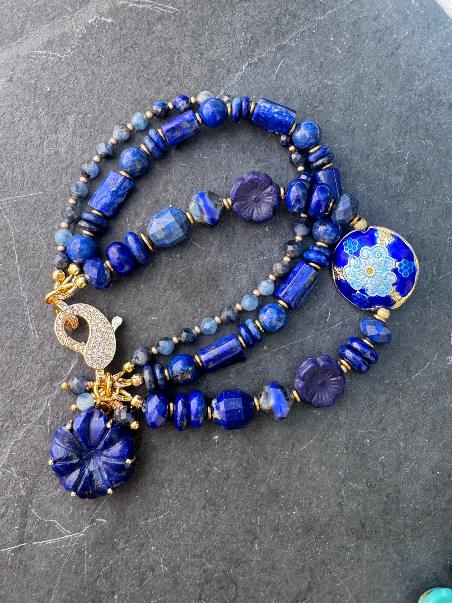 Lapis lazuli stone, czech glass, Cloisonné, gold metal, rhinestone clasp, bracelet