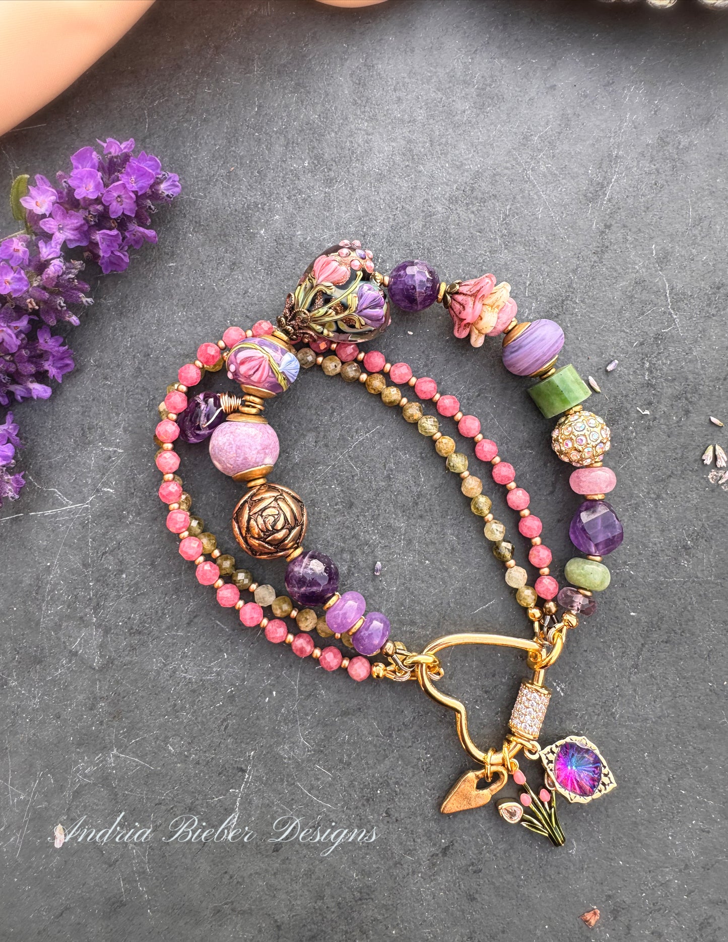 Heart lampwork glass, peridot, rhodochrosite, amethyst, jade, african opal, Czech glass, ceramic bead, rhinestone heart clasp.