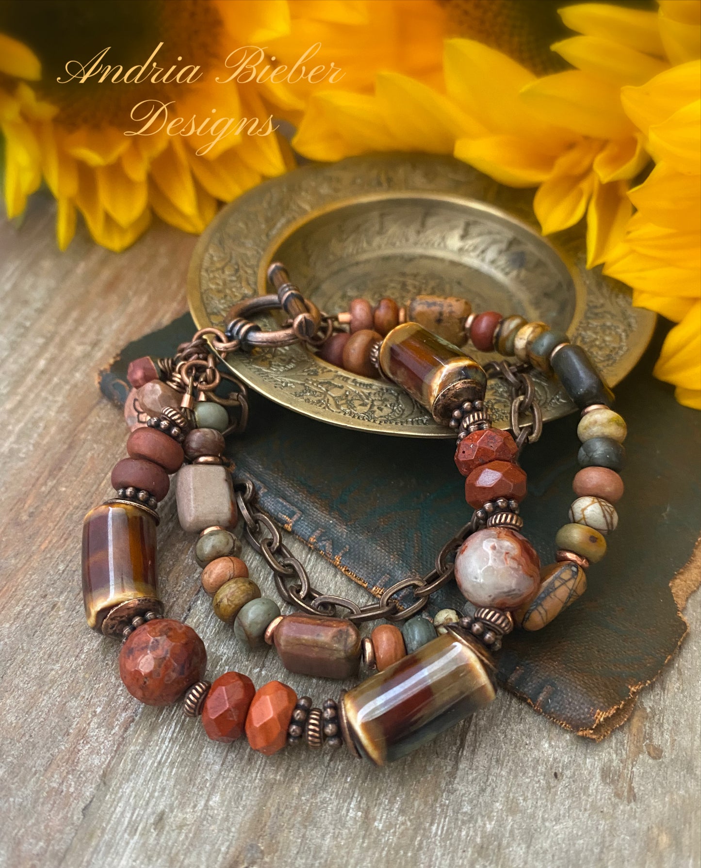 Red creek Jasper stone, ceramic, multi strand, copper metal bracelet.