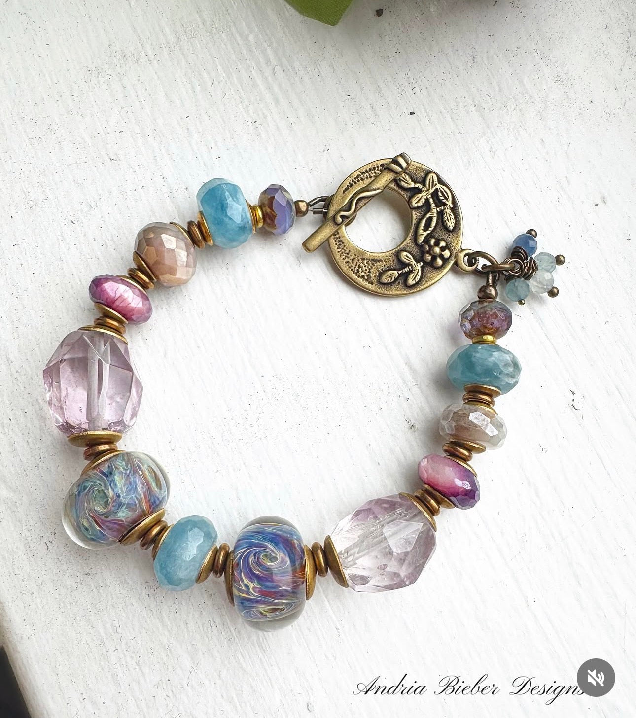 Spring dream. Mixed gemstone, lampwork glass, brass, bronze metal, bracelet