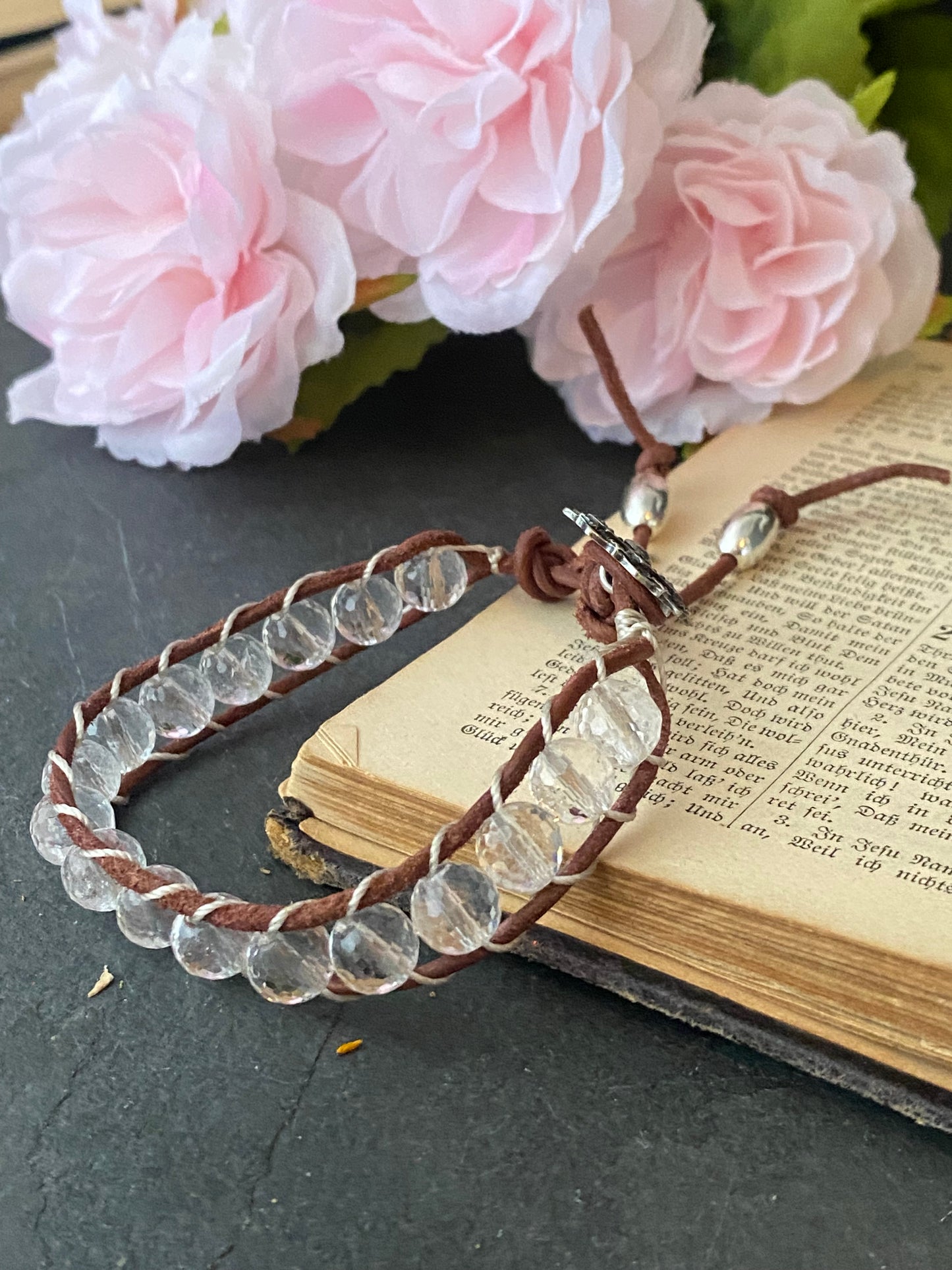 Faceted clear quartz stone, leather ladder bracelet with silver button