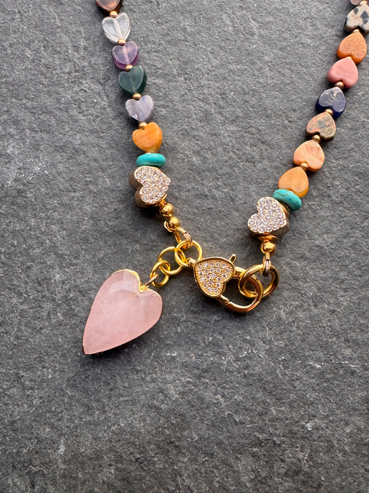 Mixed gemstone hearts, rhinestone beads, heart rose quartz pendant, and heart clasp, necklace