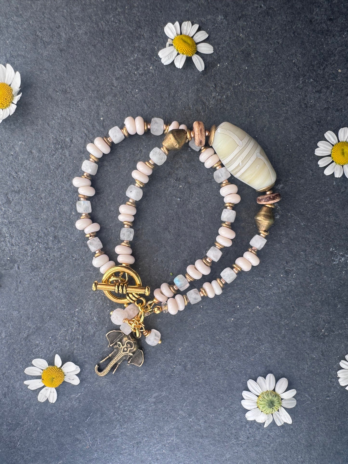 Moonstone,Java glass, African brass, bracelet