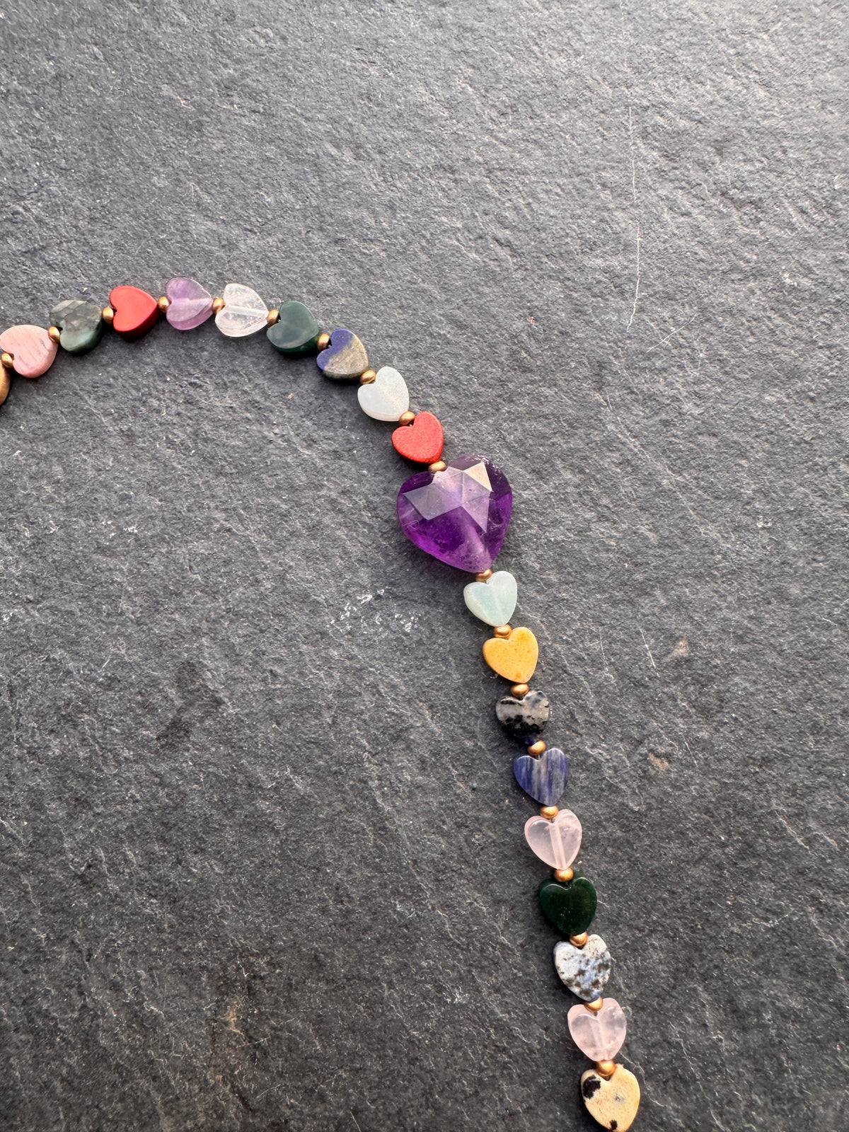 Mixed gemstone hearts, amethyst stone pendant, rhinestone clasp, necklace