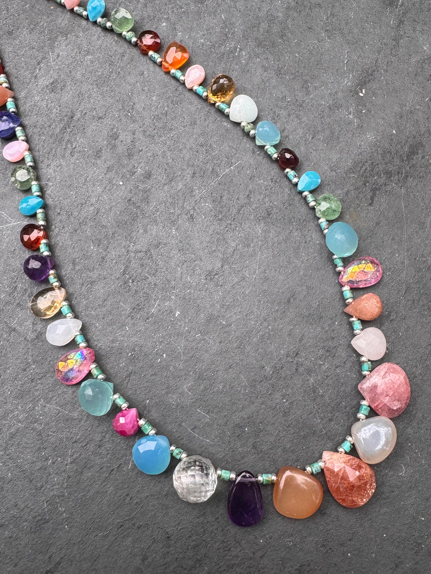 Mixed gemstone teardrop and briolette beads with Hubei Turquoise and silver rhinestone clasp, necklace .