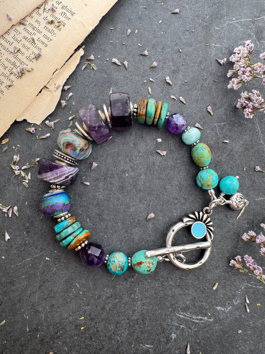 Turquoise kingman, handmade lampwork glass, amethyst, Amazonite, jasper, silver metal, bracelet.