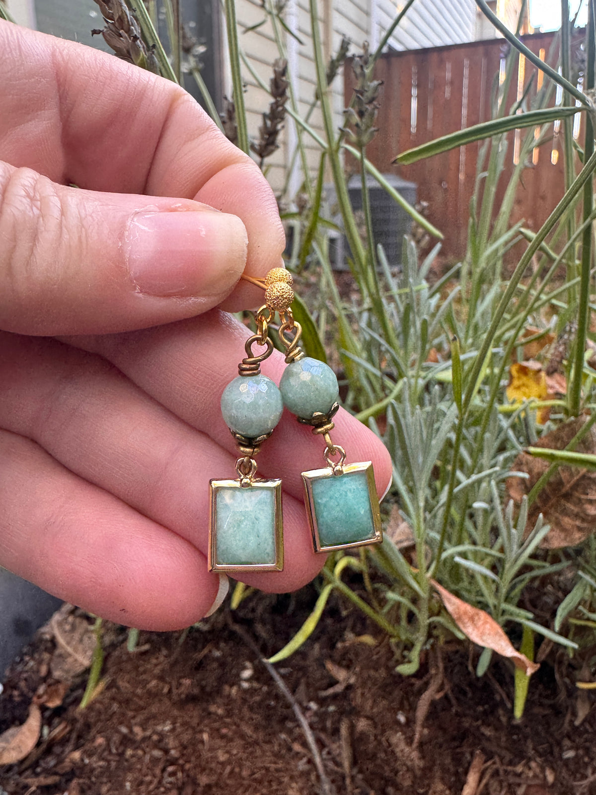 Amazonite stone, gold metal, rectangle drop, earrings