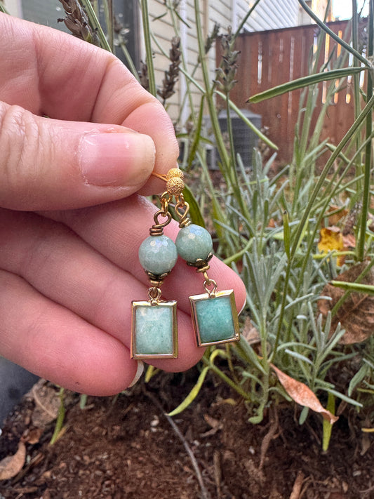 Amazonite stone, gold metal, rectangle drop, earrings