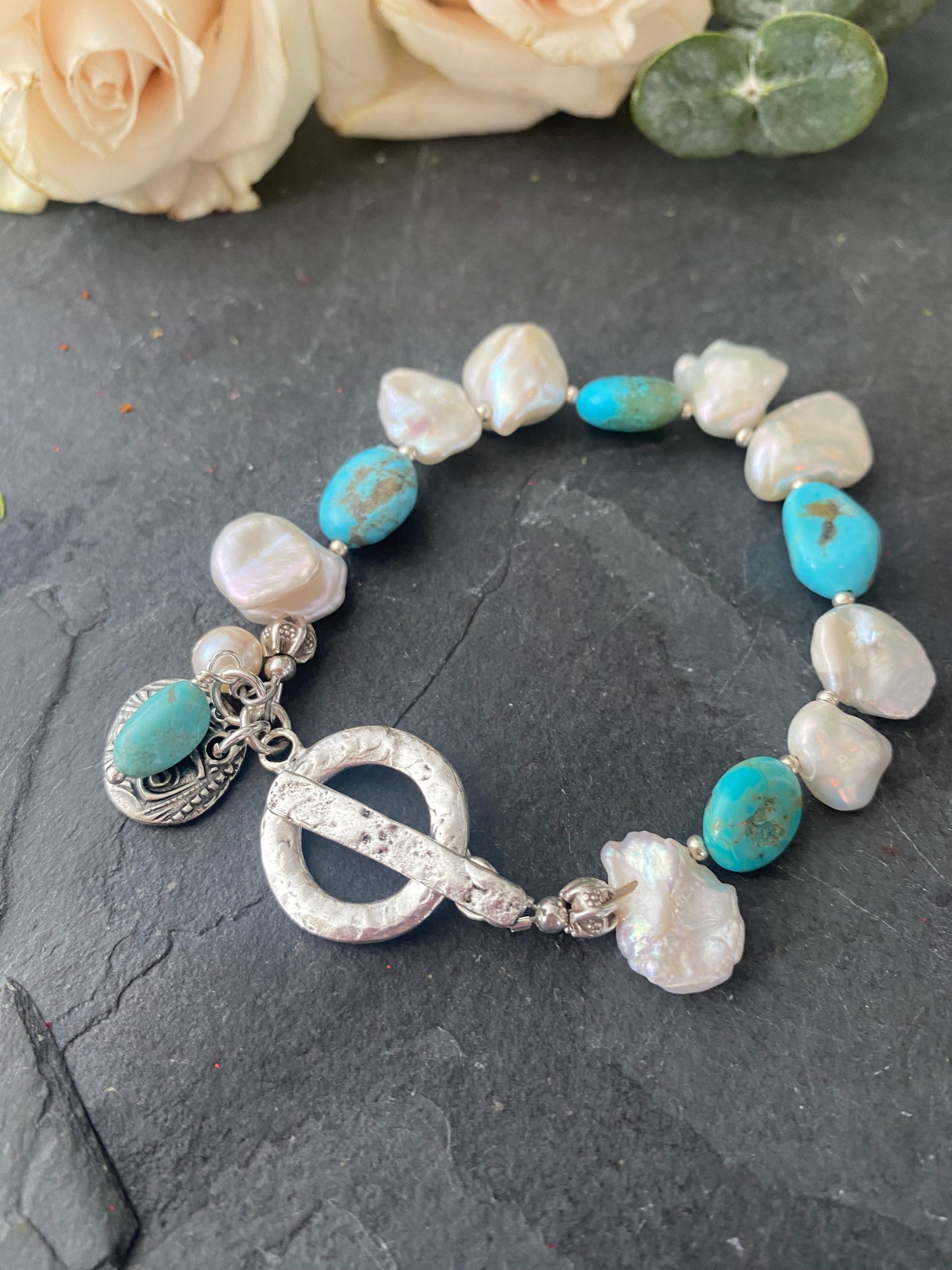White Baroque Pearl Beads, Natural Freshwater, Kingman turquoise stone, tribe hill sterling silver, bracelet