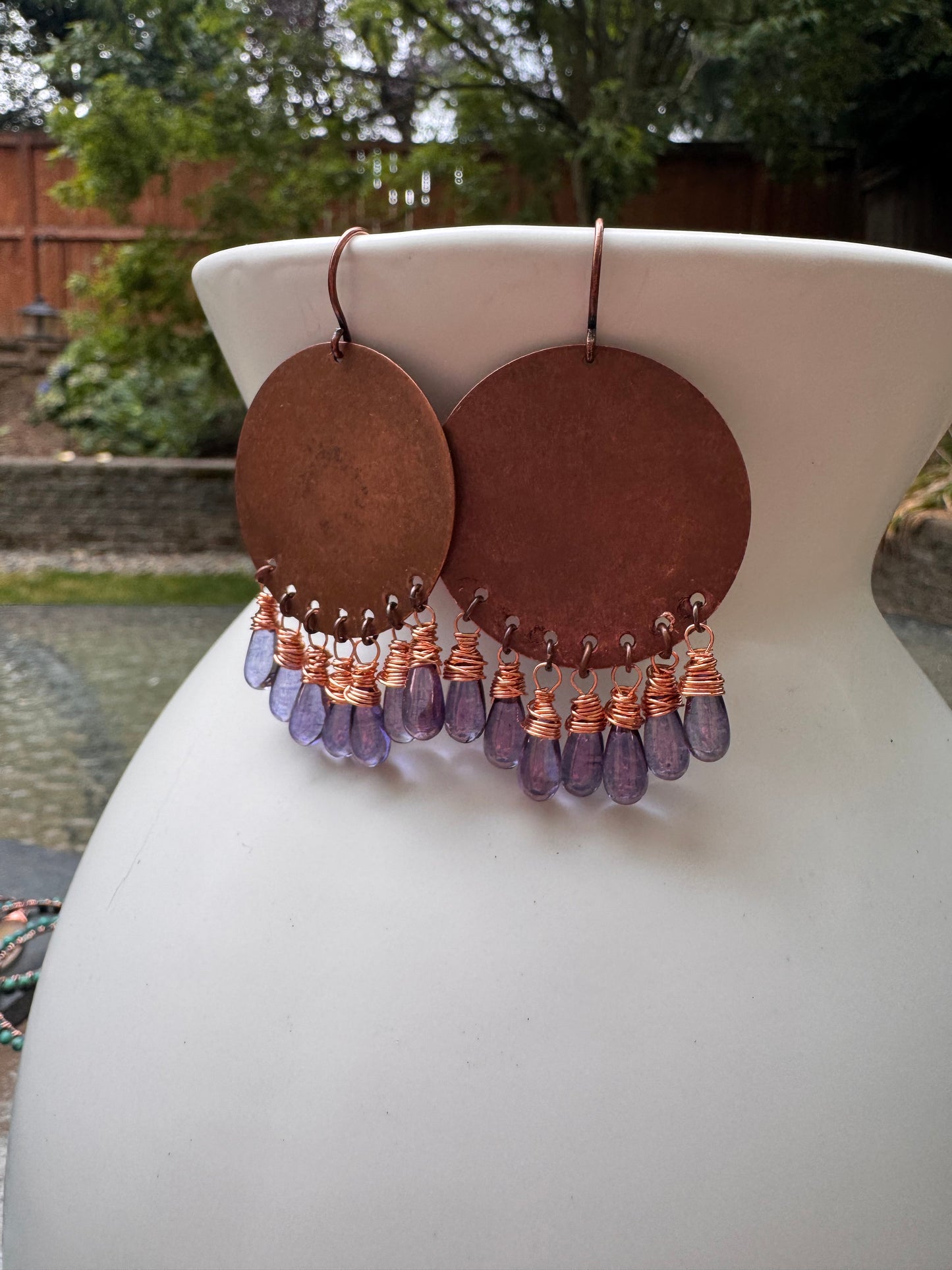 Purple czech glass drops, copper metal, earrings