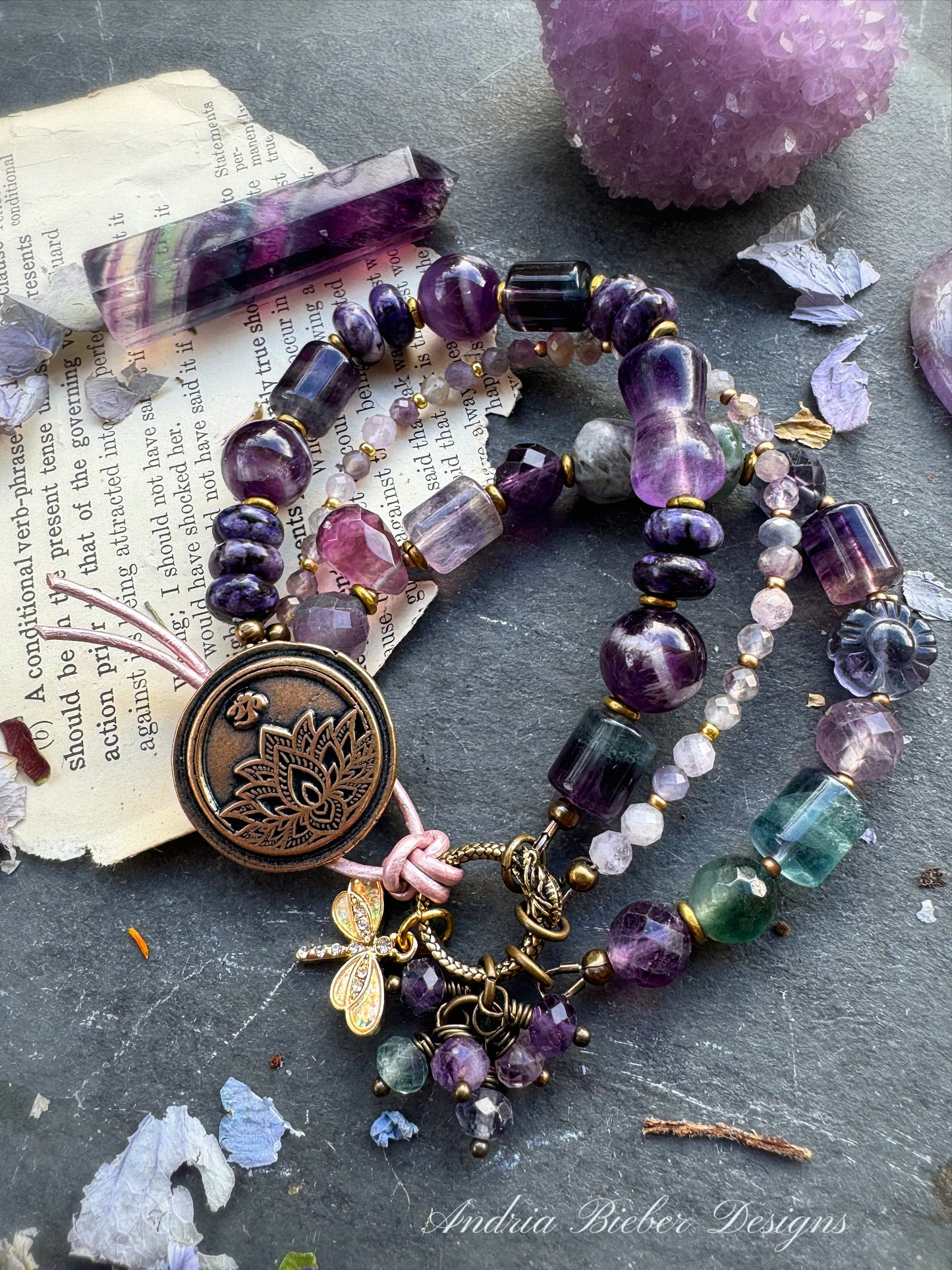 Lotus flower bronze button, fluorite stone, amethyst, sugalite, bracelet