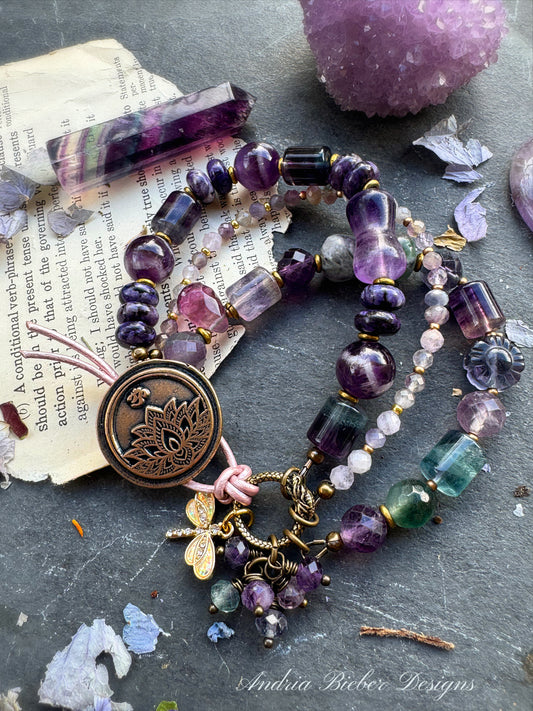 Lotus flower bronze button, fluorite stone, amethyst, sugalite, bracelet
